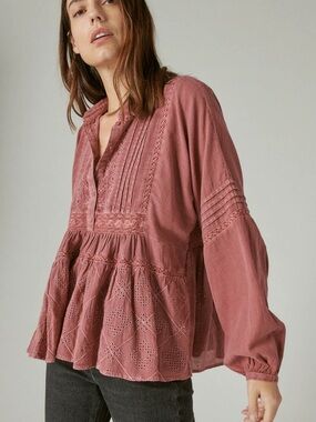 Lucky Brand - Women's Embroidered Long Sleeve Rose Pink Button Down Peasant Top